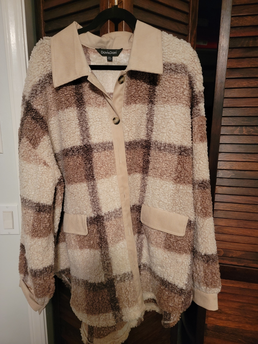 DAVI & DANI Cream and Brown Plaid Teddy Sherpa Jacket with Corduroy Trim